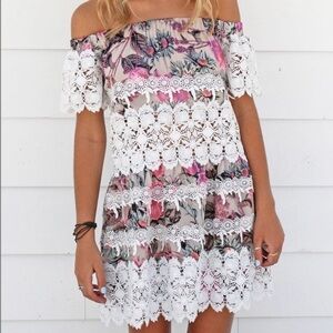 For Love and Lemons Silk blend Cadence Off the shoulder floral mini dress Sz M